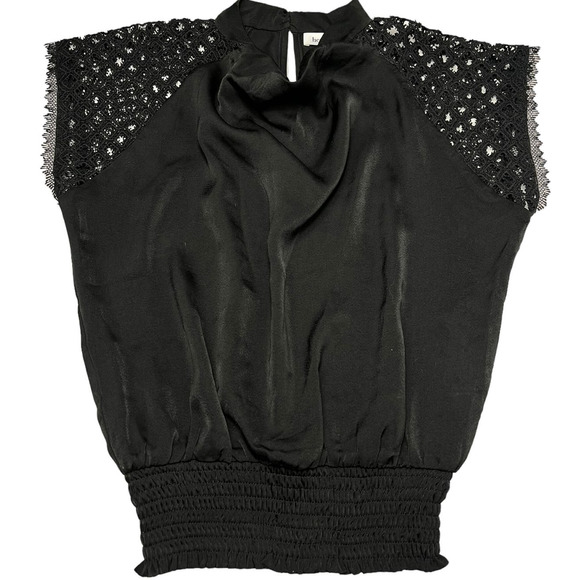Heartloom Beatriz Top, Lace Short Sleeve, Elastic waist Satin Blouse | S, Black - Picture 4 of 14